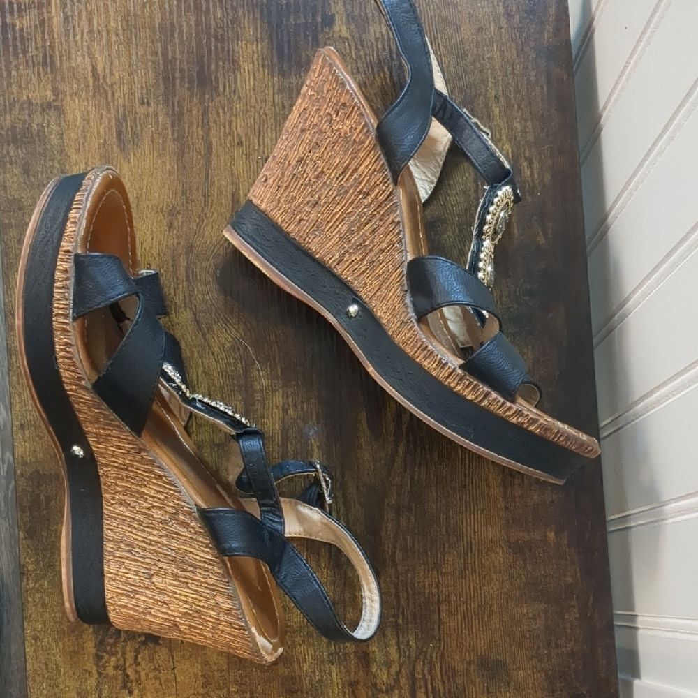 Chic Black Wedge Sandals with Embellishments size 38(converts to 7.5)
